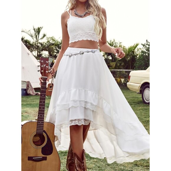 Large White Boho Lace Ruffle Skirt - Asymmetrical Cowgirl Style for Festivals - Picture 7 of 7